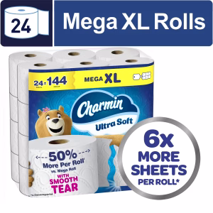Charmin Toilet Paper Ultra Soft, 24 Mega XL Rolls, 2-Ply Bath Tissue
