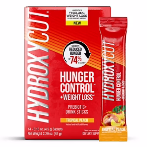 Hydroxycut Hunger Control and Weight Loss Prebiotic Powder Drink Sticks, Tropical Peach, 14 Count
